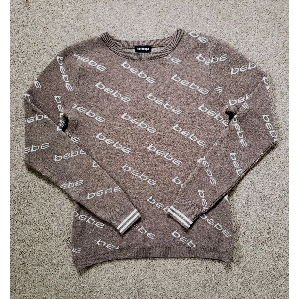 Vintage Y2k Bebe Women's Crewneck Sweater All Over Print Logo Tan Size Med